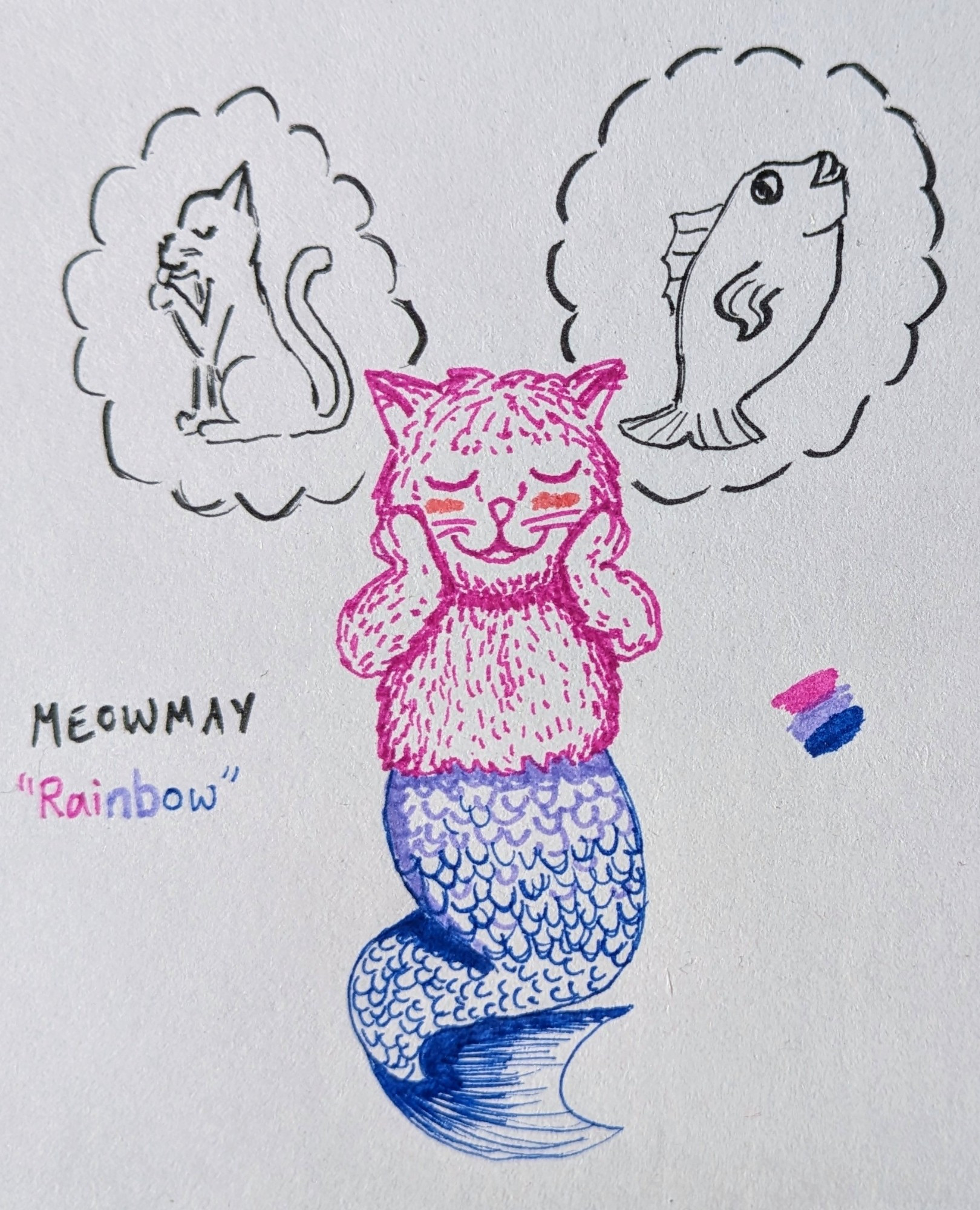 A cute mercat in pink, purple, and blue (the bisexual flag colors) is putting its paws on its cheeks and blushing. Two thought bubbles behind its head hold a very attractive cat on the left and a very attractive fish on the right.