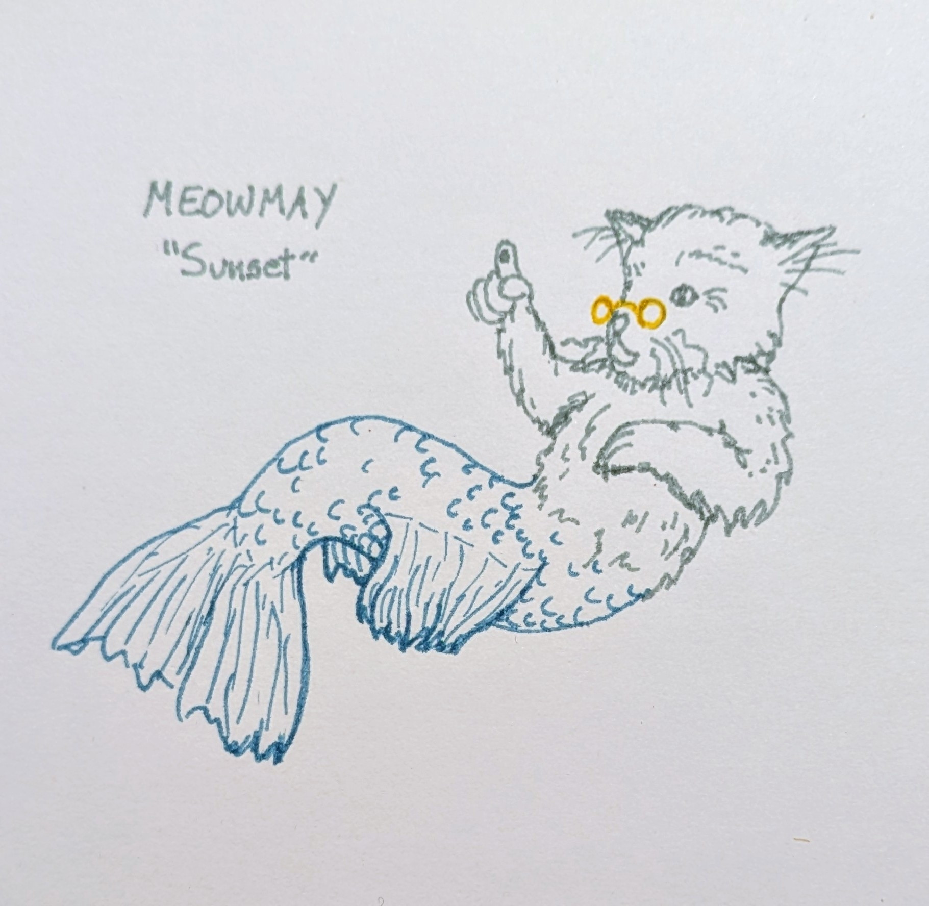 A reclining mercat with wrinkled fins and droopy fur and little gold spectacles, holding up one paw as if delivering advice.