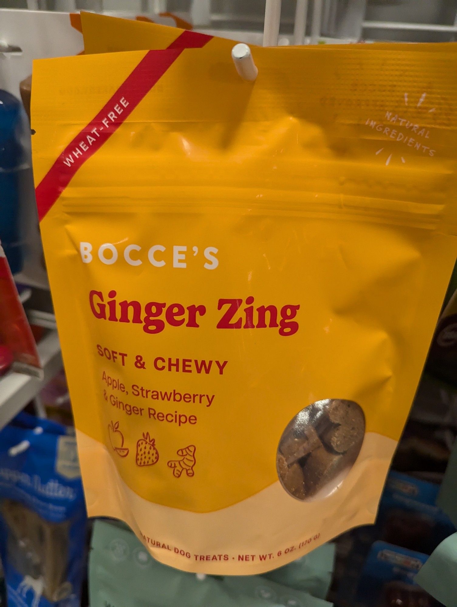 Package of a snack labeled "Bocce's Ginger Zing"