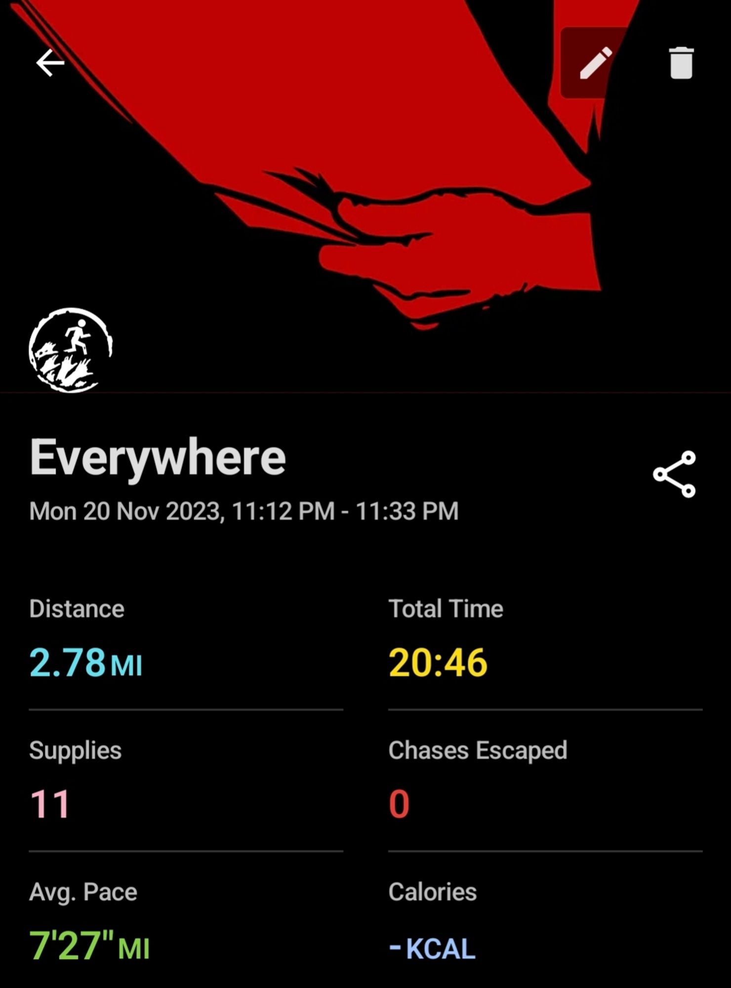 Zombies Run Season 8 Mission 11 Run Log - 2.78 miles in 20 minutes and 46 seconds.