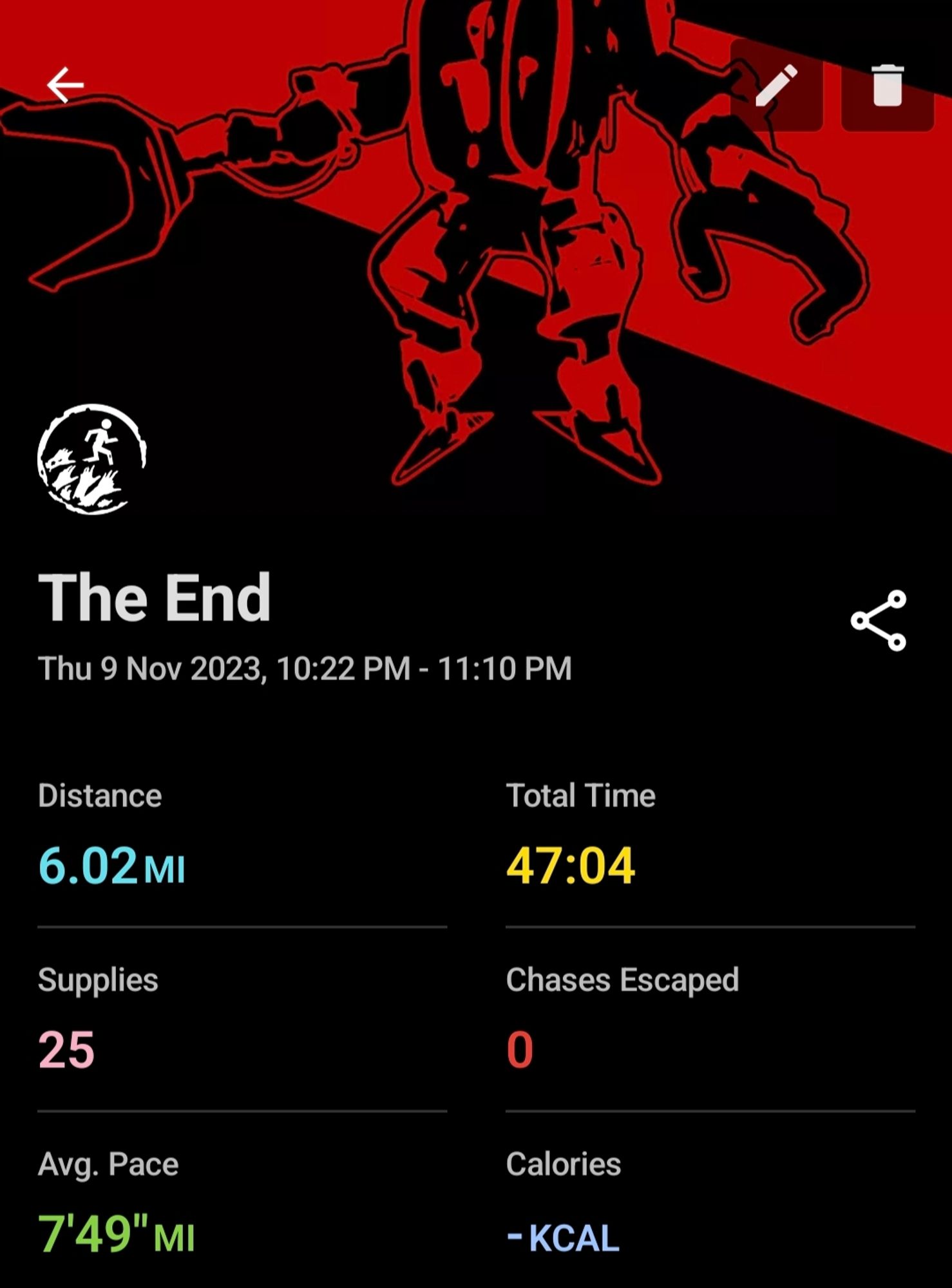 Zombies Run Season 7 Mission 40 Run Log - 6.02 miles in 47 minutes and 4 seconds.