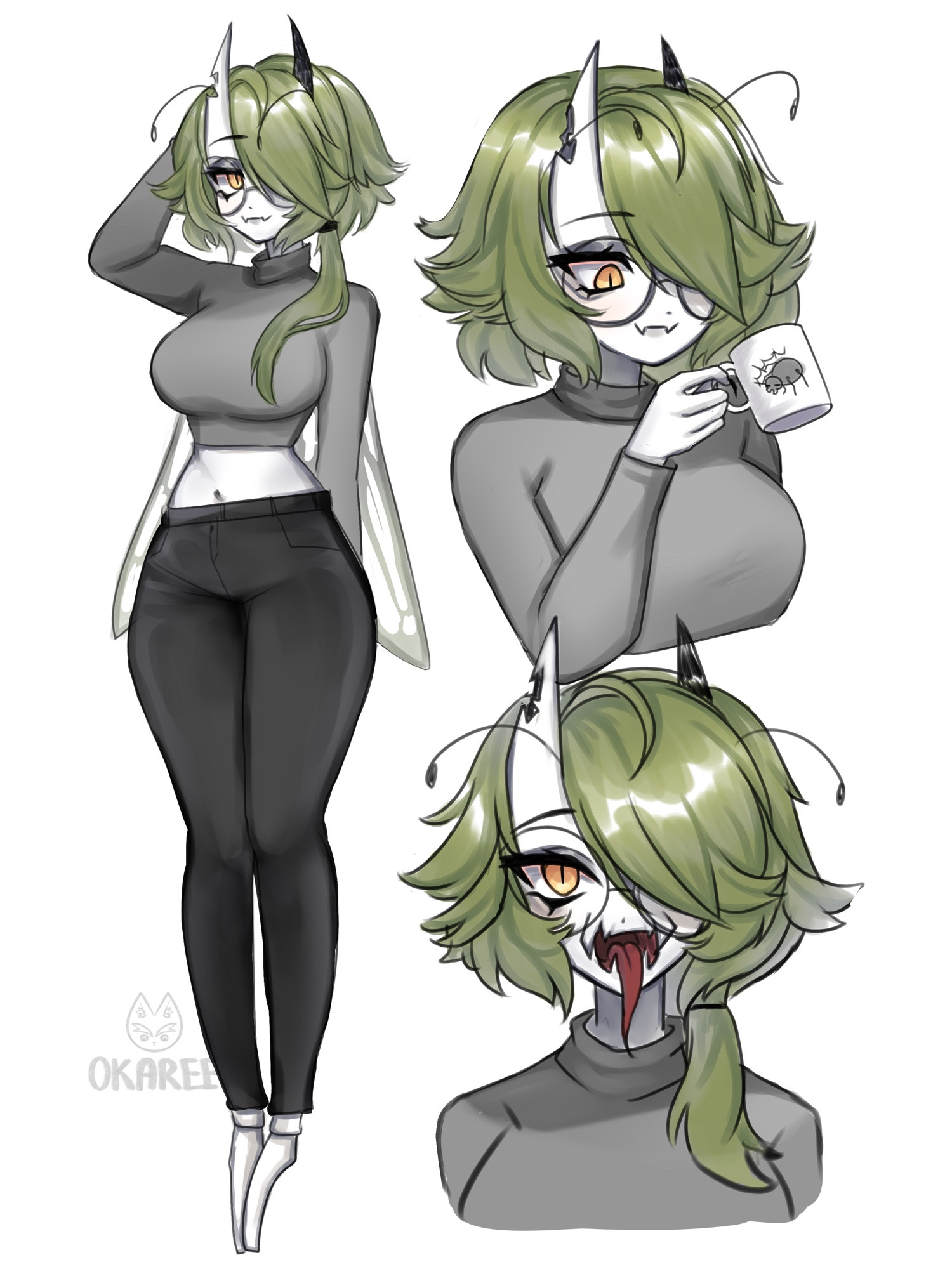 A doodle page of an original character, which design was inspired by praying mantis. Green hair, yellow eyes, paper white skintone, grey turtle neck and black jeans.