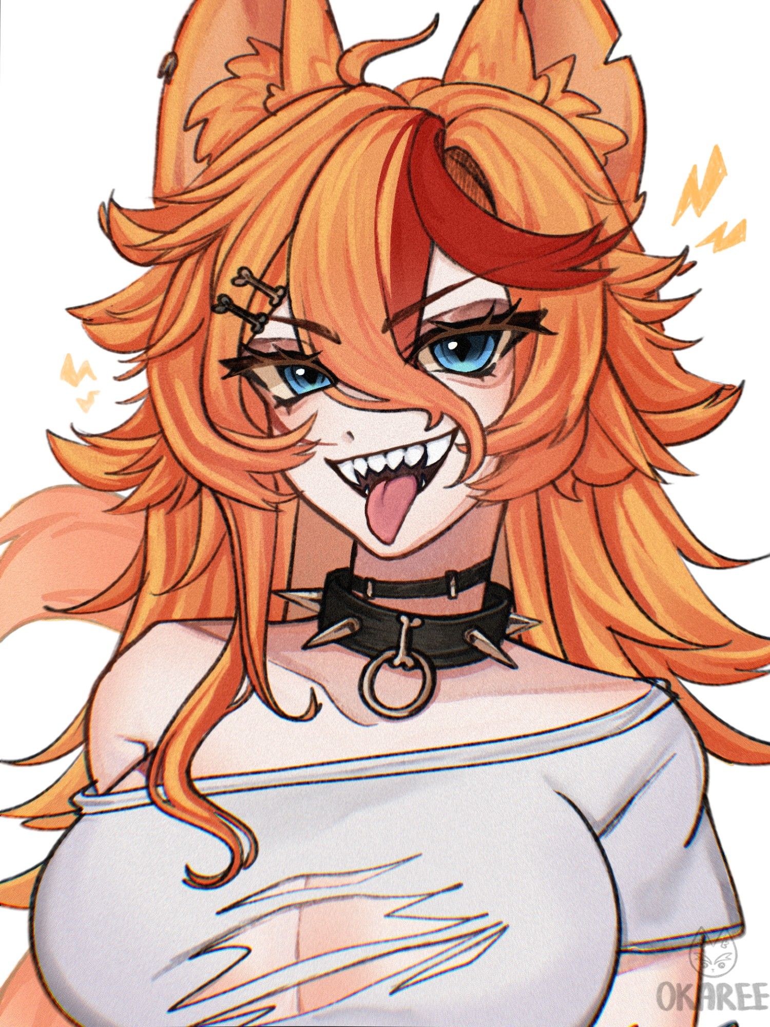 A colored sketch of a werewolf vtuber Buffpup, sticking her tongue out. Orange hair, blue eyes, black collar and white, ripped shirt.