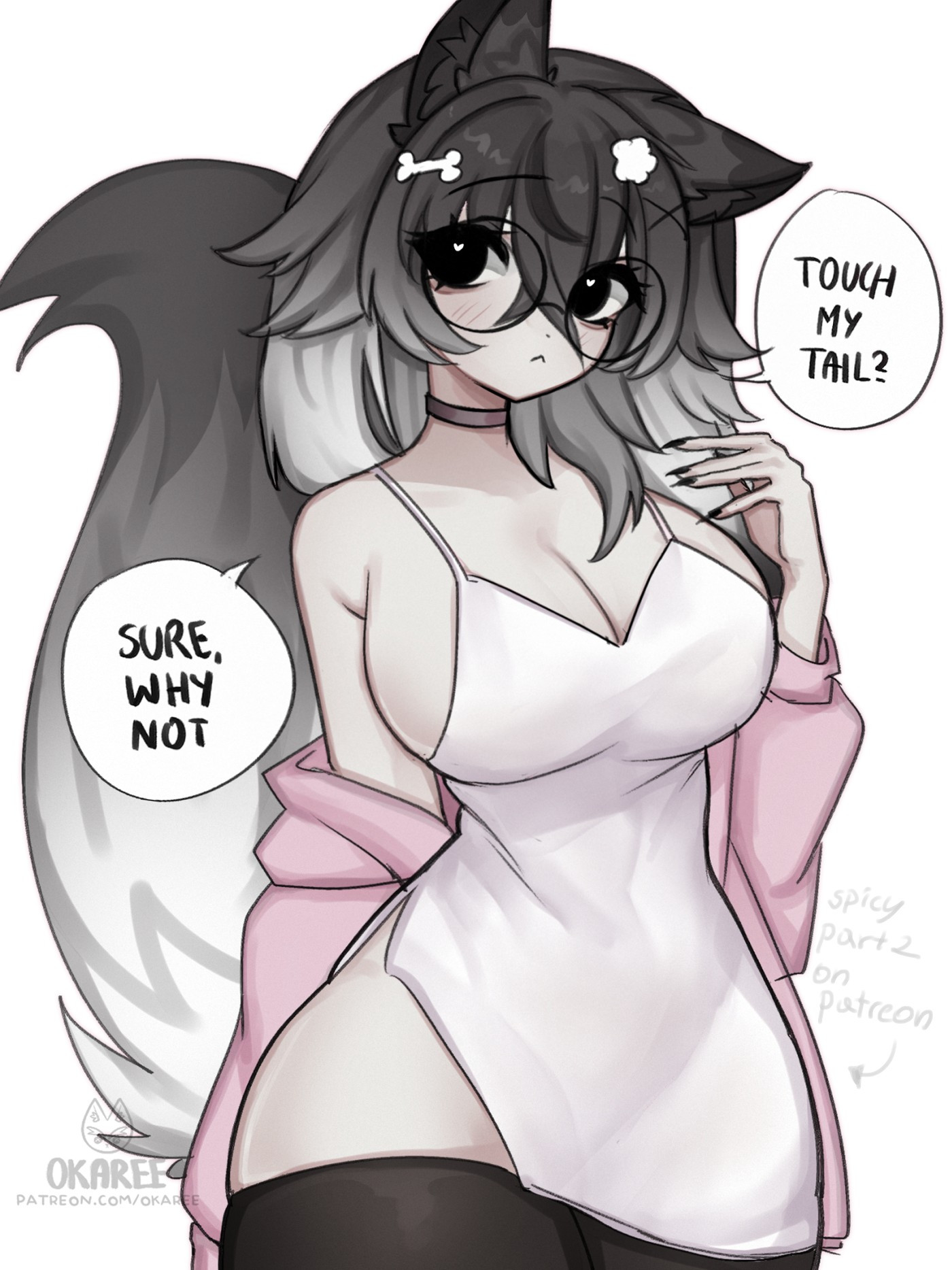 Brown haired wolfgirl in white dress and pink sweater.