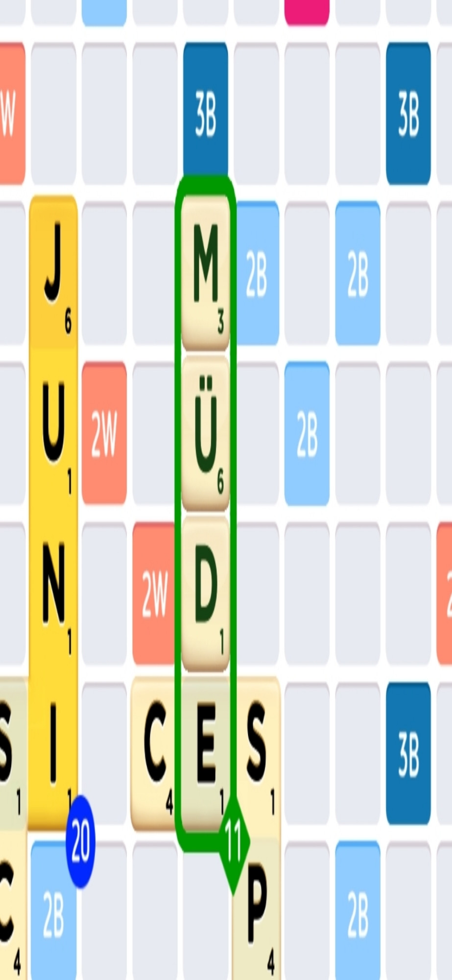 Online Scrabbleboard. Das Wort Müde wurde gelegt, 11 Punkte gibt es dafür