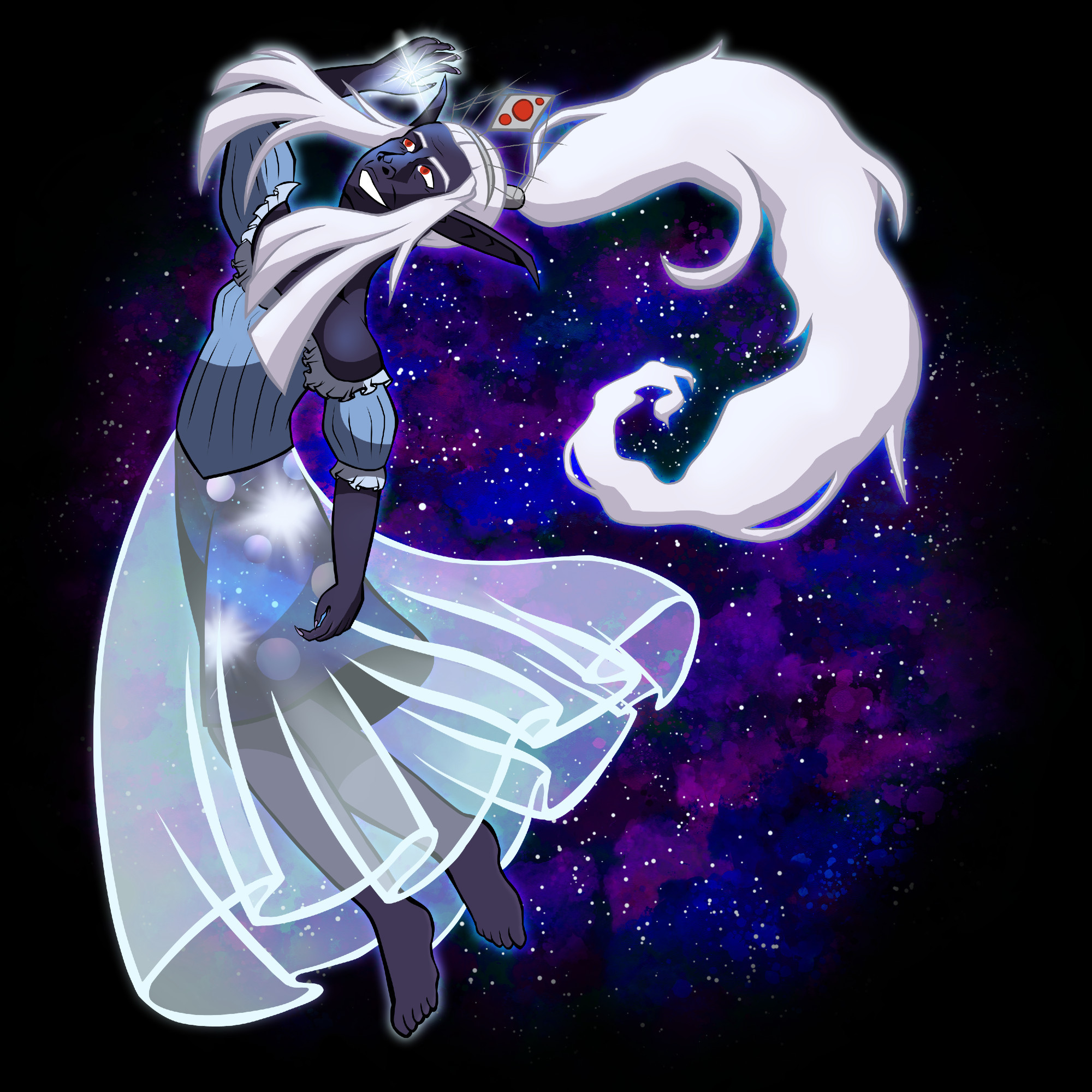 A drow woman floating through space. The drow has dark skin and long, flowing hair in a ponytail swirling behind her. The drow is wearing a light blue blouse, a space patterned skirt, and a white sheer skirt overtop. The drow is holding a star in her hand and smiling. Behind her is a starry space.