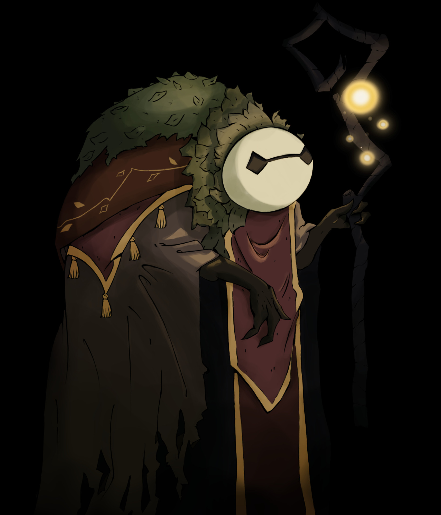 Drawing of a round-faced creature curled up covered in several layers of clothing, he carries a pile of leaves on his back and holds a staff in his hand. He observes the fireflies in front of him, intrigued