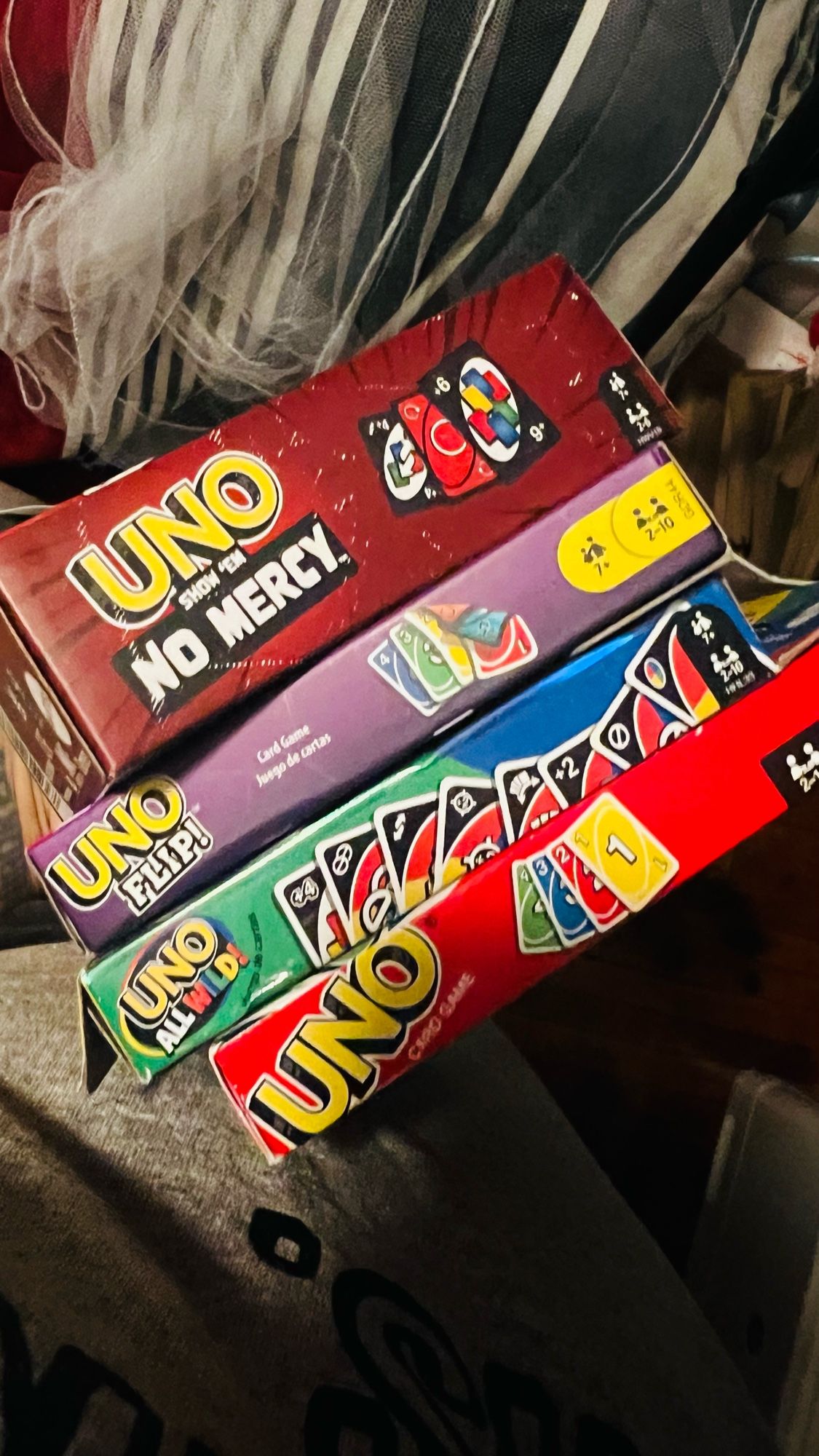 the games:
- Uno Show ‘Em No Mercy
- Uno Flip!
- Uno All Wild!
- Uno