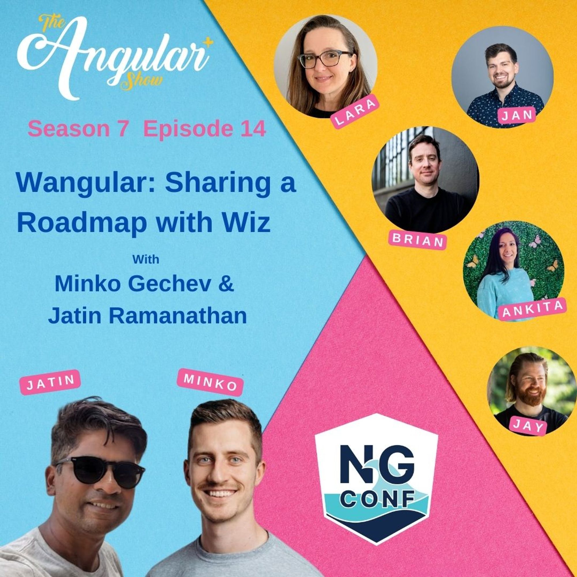 Light blue, Yellow and bright pink angular sections. Angular Plus Show logo top left. Podcast team photos on right half: Lara, Jan, Brian, Ankita, Jan, ng-conf logo bottom. Photos of Minko & Jatin. "Wangular: Sharting a Roadmap with Wiz. with Minko gechev & Jatin Ramanathan".