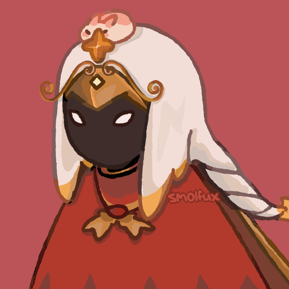 A person with dark mask, white hair with yellow tips, wears a red cape similar to the capes used on Journey game. They wear a golden tiara with four-pointer a star in the middle, and a pink jelly bunny rests in their head.