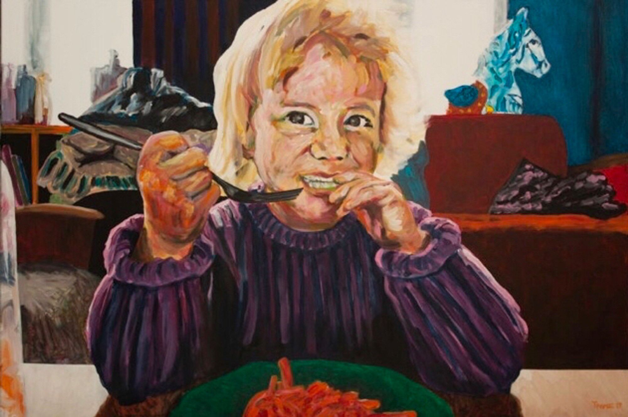 Portrait à l’acrylique de Renée, en train de manger une plâtrée de pâtes sauce tomate.