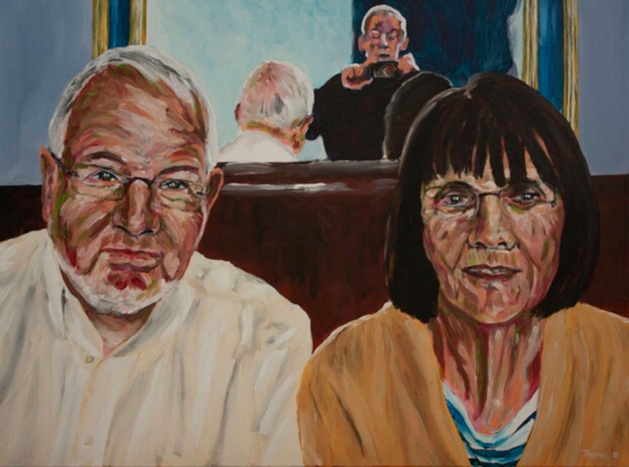 Portrait à l’acrylique de mon père et de ma mère, assis sur un canapé. A l’arrière plan, un miroir me reflète alors que je prends la photo qui me servira de modèle.