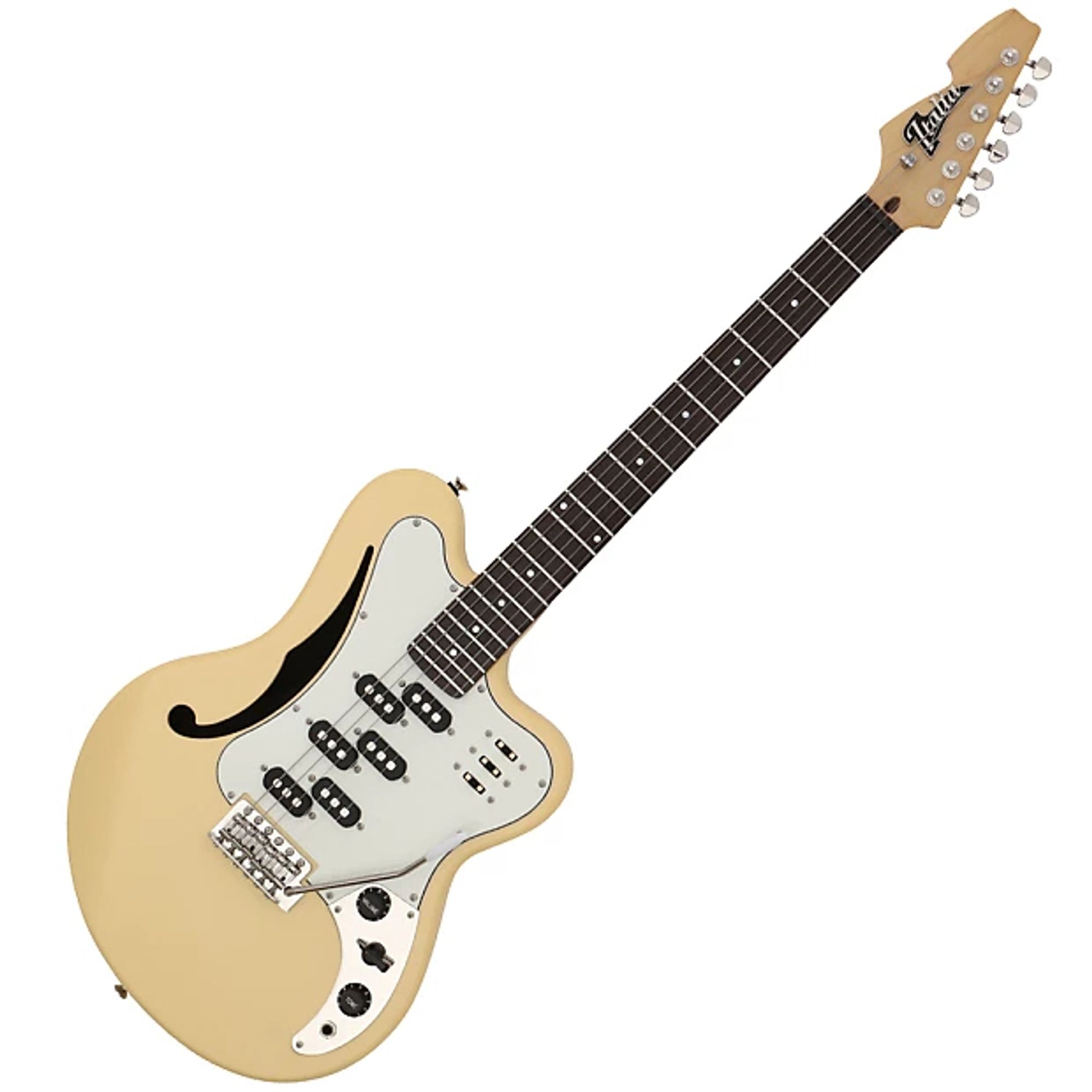 The Italia Imola Vario is a semi-hollow electric with an offset body and a HUGE F-hole above the pickguard. It's got a Strat-style trem and an upside-down 6-in-line headstock. 

As with most guitars I post, the most weirdness is in the electronics. The guitar has three split-coil pickups, and each one has a 3-way switch so you can play on just the top coil, just the bottom coil, or both. On top of that, there's a 6-way rotary switch between the volume and tone controls so you can get even more sounds.