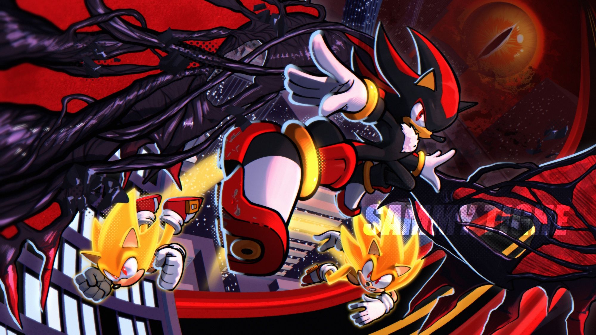 Shadow in the foreground, his wings exposed and framing the image

Classic and Modern Super Sonic flying below him. 

Black Doom’s eye can be seen looming in the background