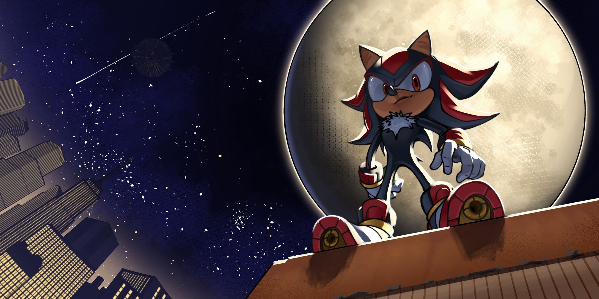 Shadow the Hedgehog looming over the city, framed and illuminated by the moon.