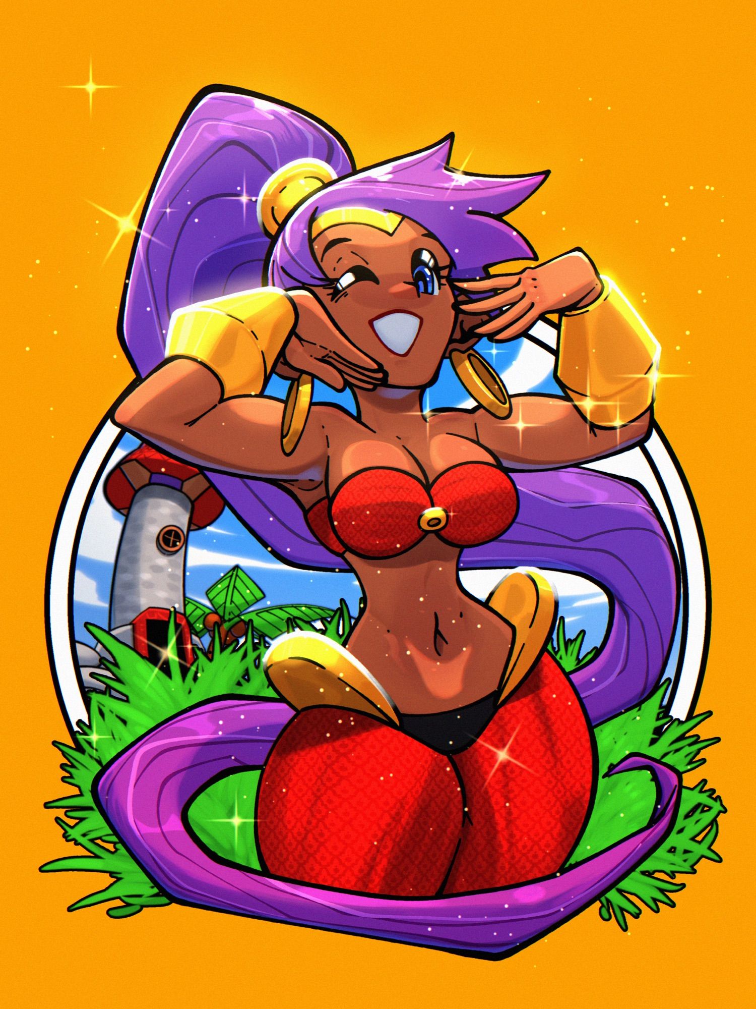 A half body illustration of Shantae in a stylish pose with her home in the background on an orange canvas.