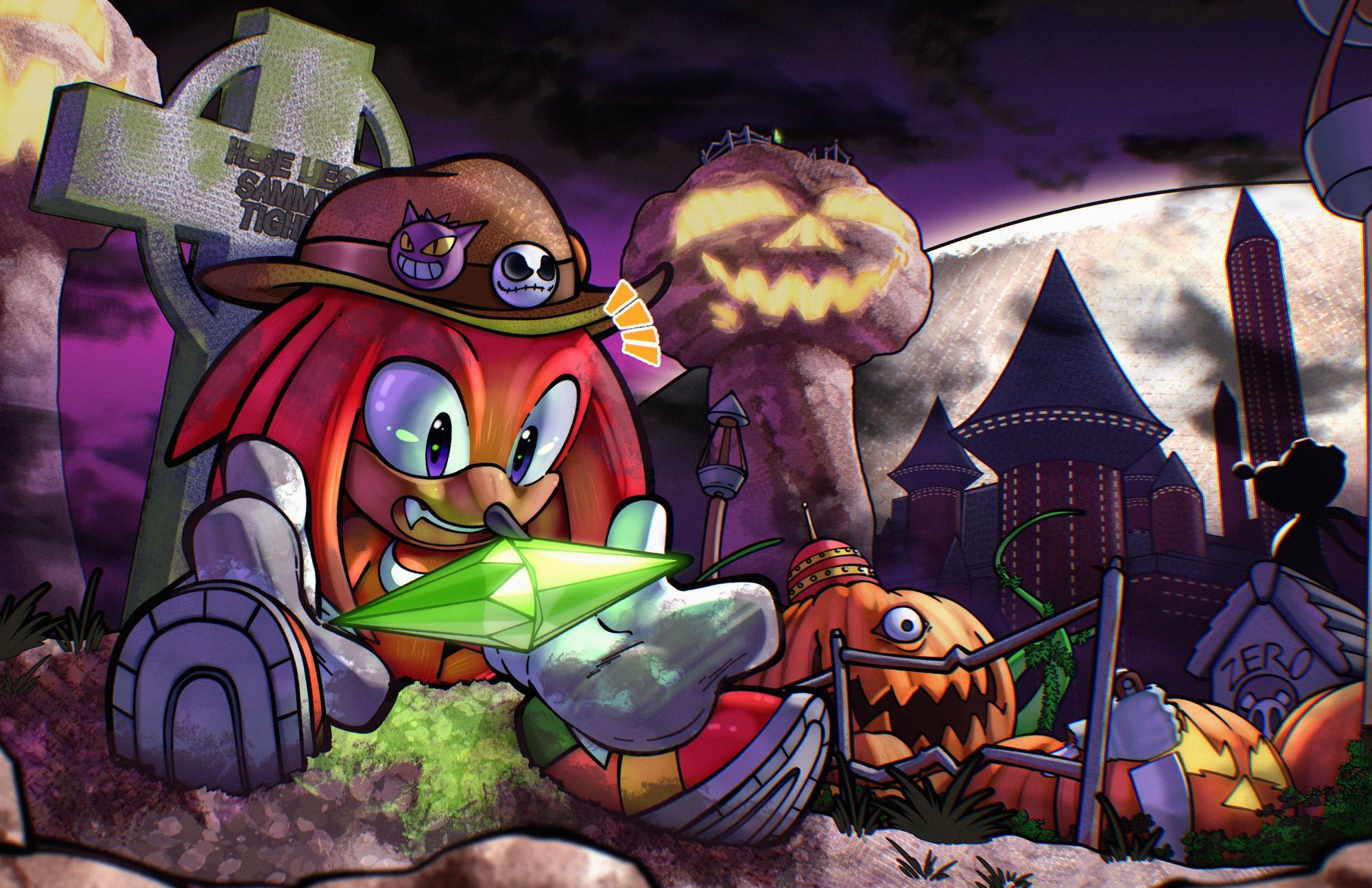 Knuckles the Echidna sitting upright in a grave, admiring a piece of the master emerald. Several Halloween-themed characters and objects can be seen in the background.