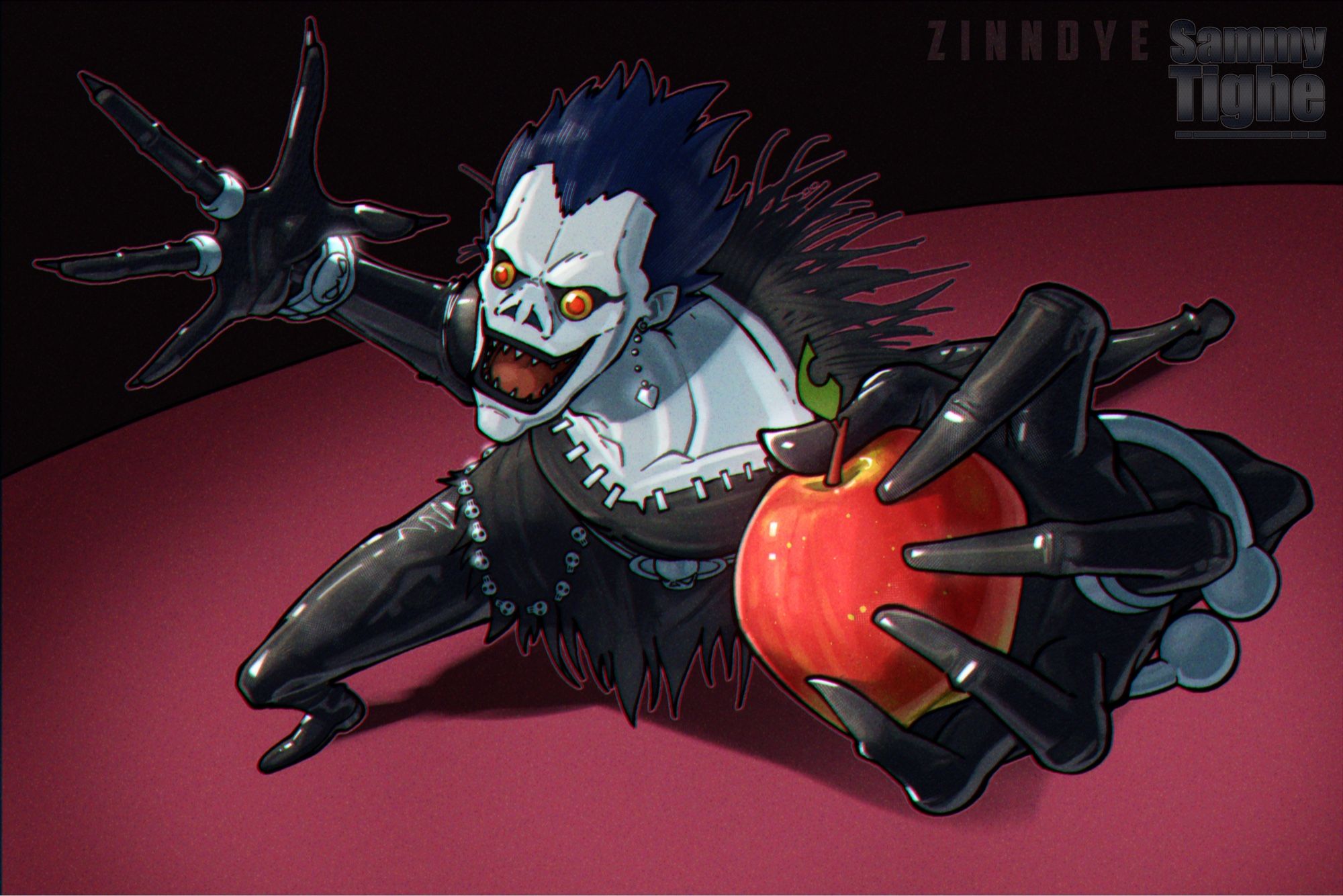 Ryuk from Death Note reaching out and grasping an apple in a pose similar to the famous Polnareff stance from “JoJo’s Bizarre Adventure”