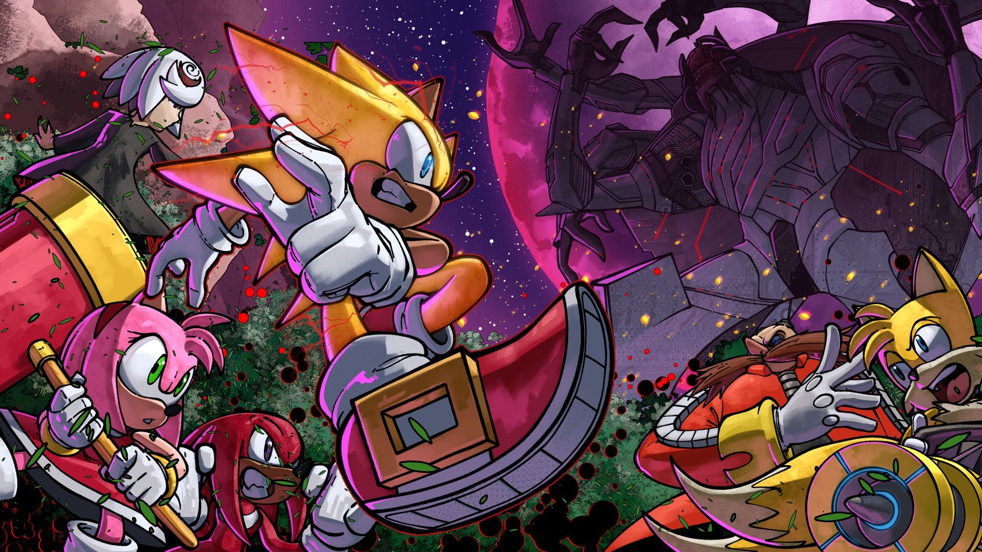 From left to right: Sage, Amy, Knuckles, Super Sonic, Eggman, and Tails all looking upwards at Supreme (the 4th and final Titan) with The End silhouetting it