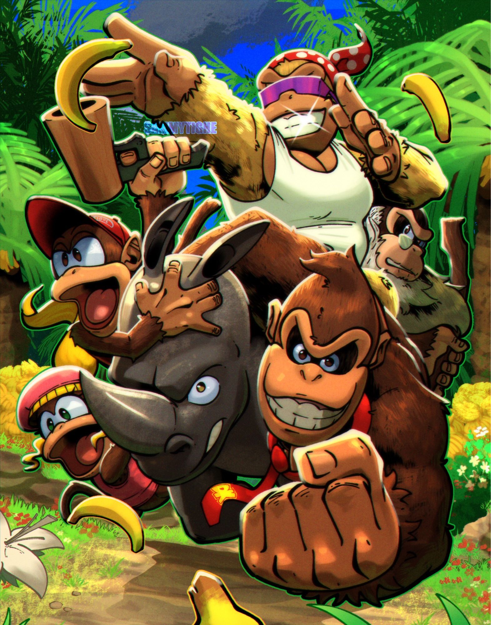 Donkey Kong, Diddy, Dixie, Funky, and Cranky all riding on a single rhino through a mass pile of bananas in the forest.