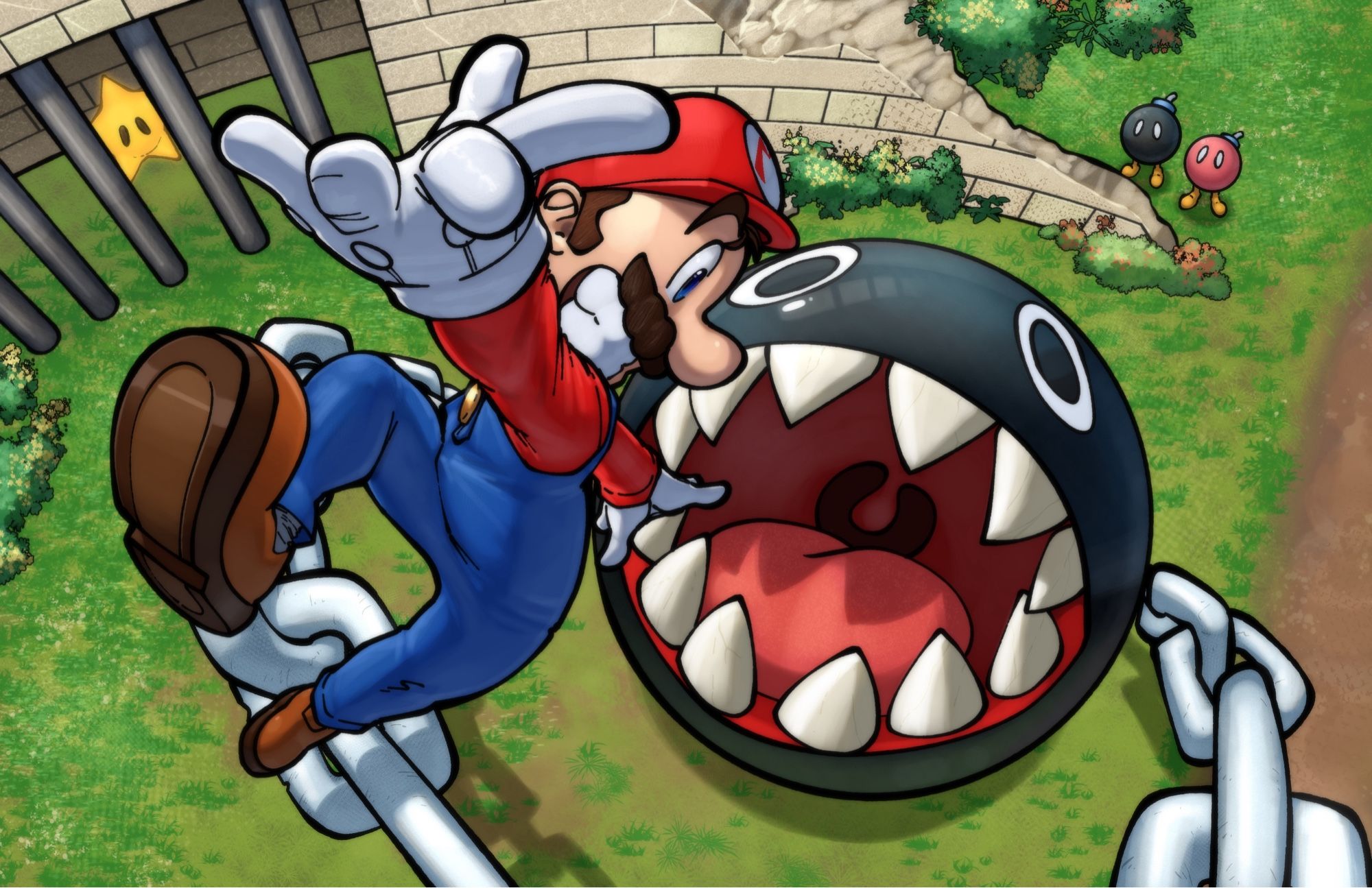 Mario leaping into the air while looking below him, the Chain Chomp guarding the power star with its mouth wide open ready to attack!!