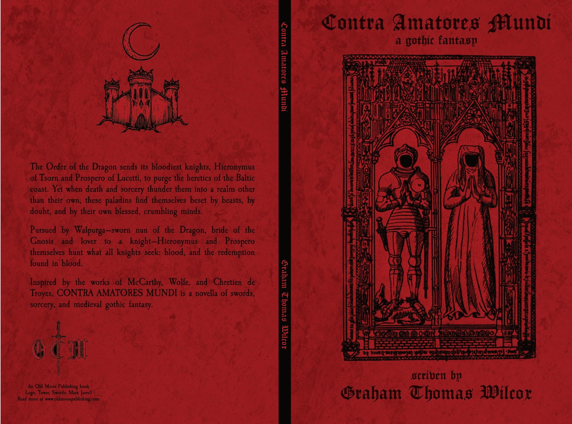 The back and front cover spread of a book. It is a textured red, with black lettering. On the right hand side, a black etching of a tomb effigy, a knight and lady laying side by side. On the left hand side, a triple towered castle beneath a crescent moon above black text.