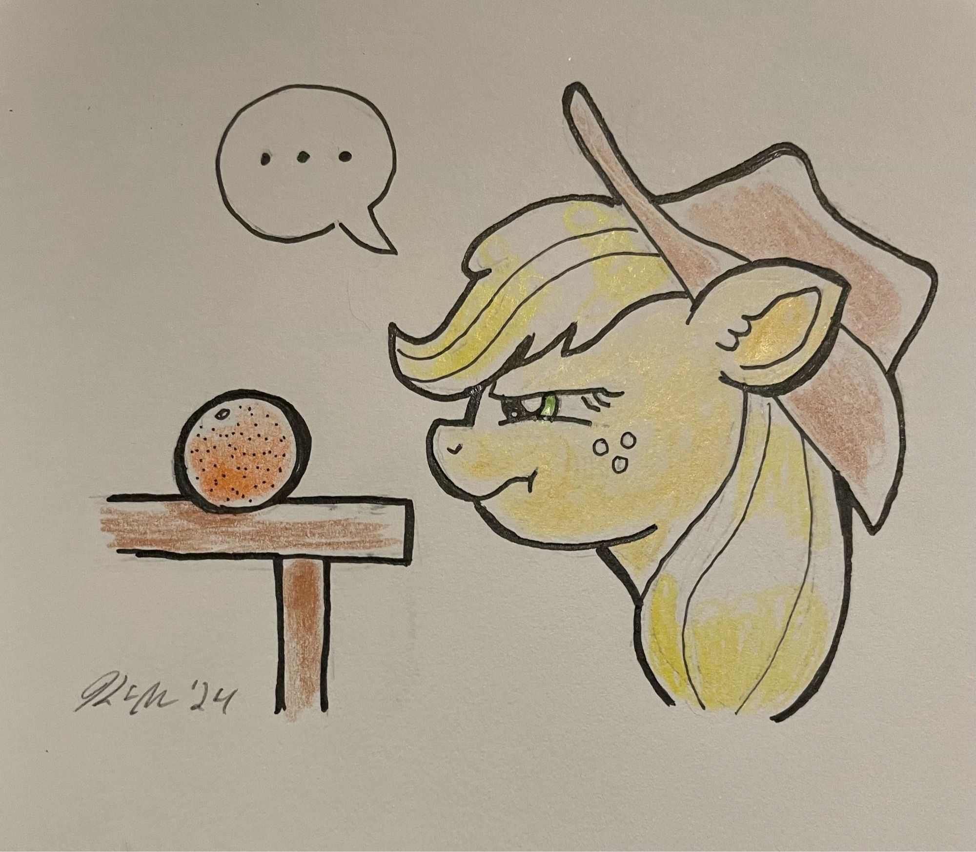 Applejack looks distrustfully at an orange.