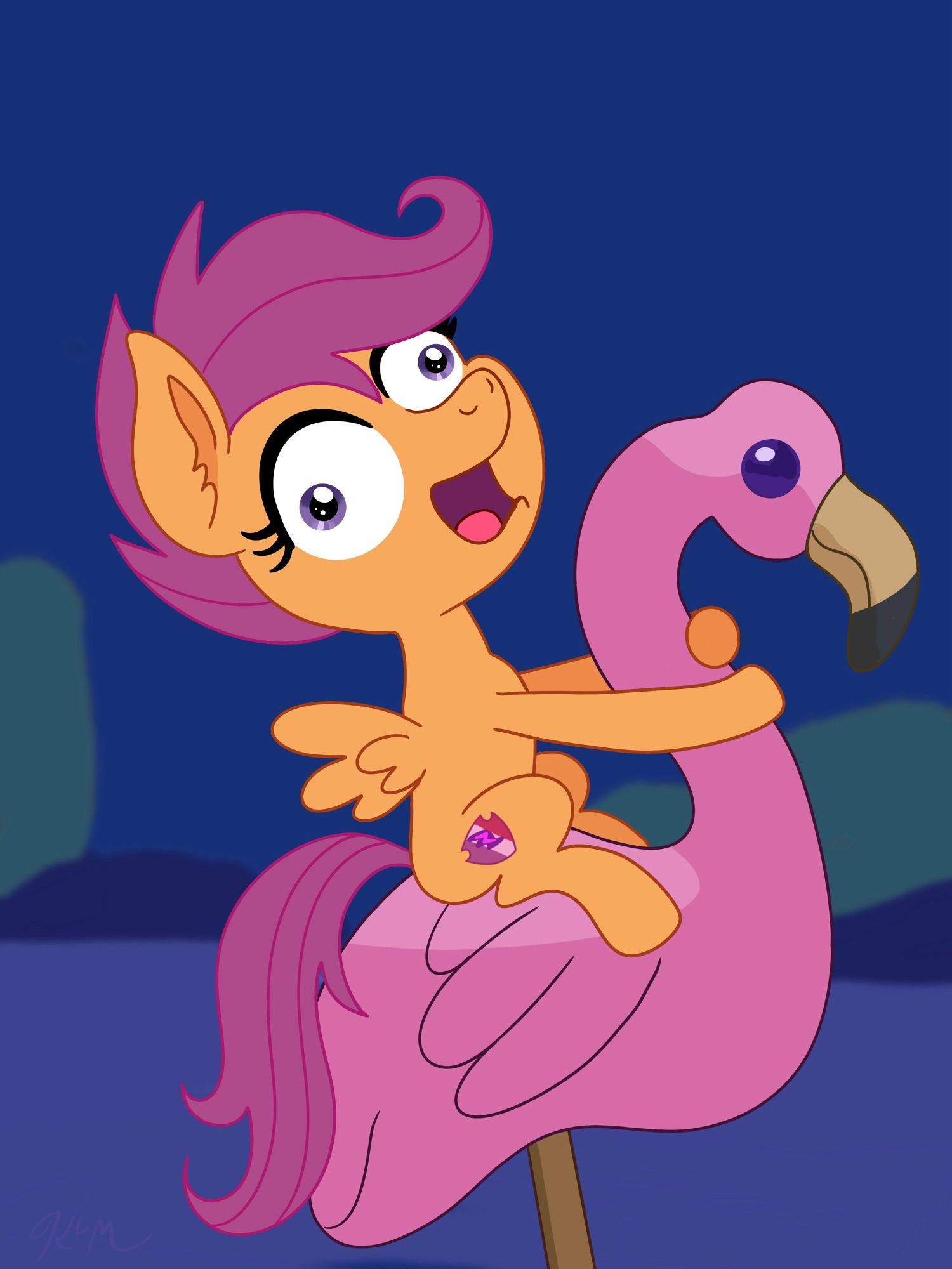 Scootaloo from My Little Pony rides on a lawn flamingo, eyes wild, a la Muffin from the Bluey episode “The Sleepover”.