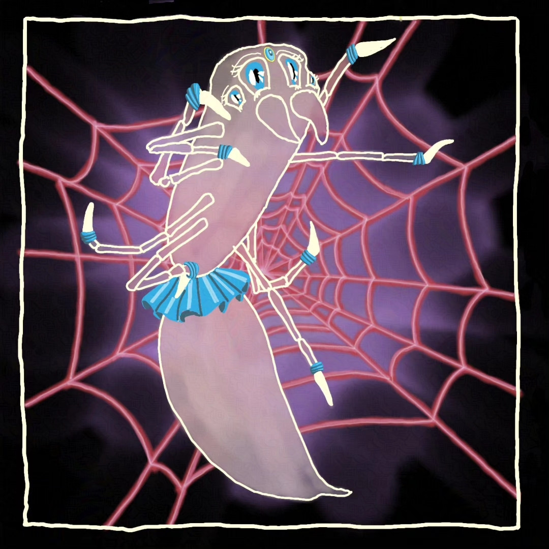 Translucent white Spider in final transformation pose against a shining pink spider web, they are wearing a short blue sailor skirt, gloves on all eight feet, and have large blue anime eyes.