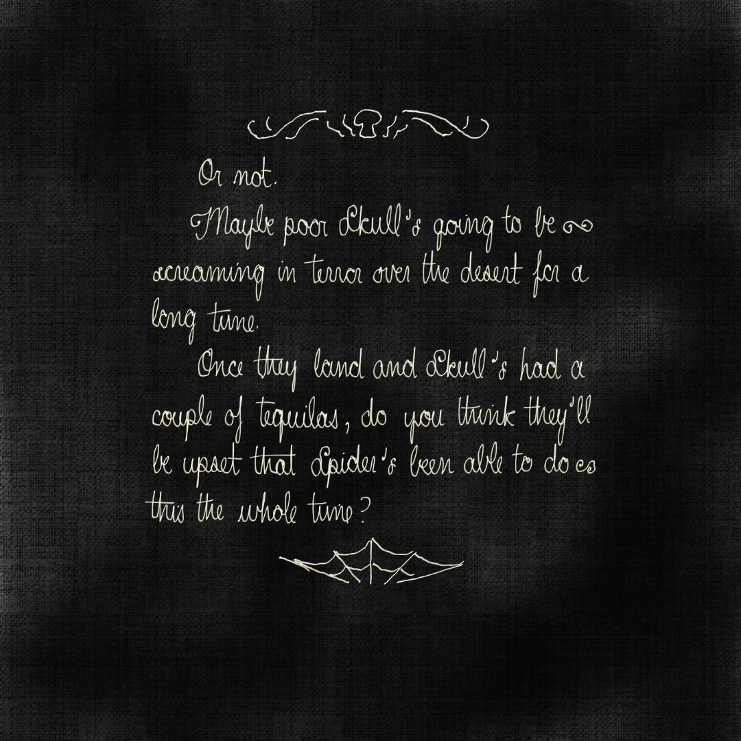 My cramped old lady handwriting in cream ink on a black paper texture with pseudo-Art Nouveauish flourishes that are pretty wonky-looking because my notebook app doesn't let me do under-drawing. I also don't know if under-drawing is a term. By the way I'm antibiotics. Anyway, it's the same as the captions in the thread, just in old-fashioned handwriting.