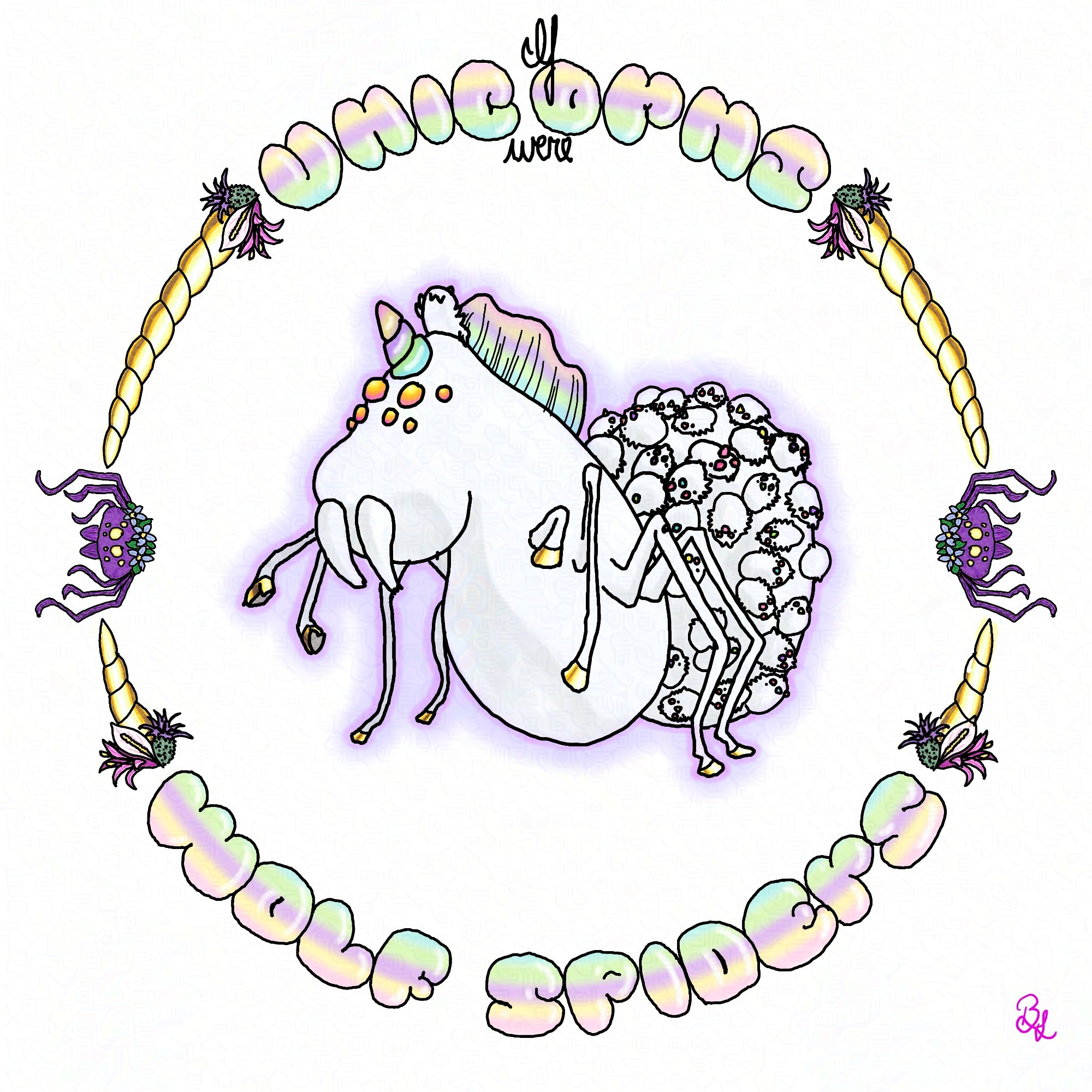 A cartoon-style emblem of a unicorn/spider hybrid who is carrying dozens of baby unicorn/spider hybrids (...flings?) on their back/opisthosoma. They are surrounded by a border made of golden unicorn horns, flowers, purple spiders with flower crowns, and the text "If unicorns were wolf spiders".