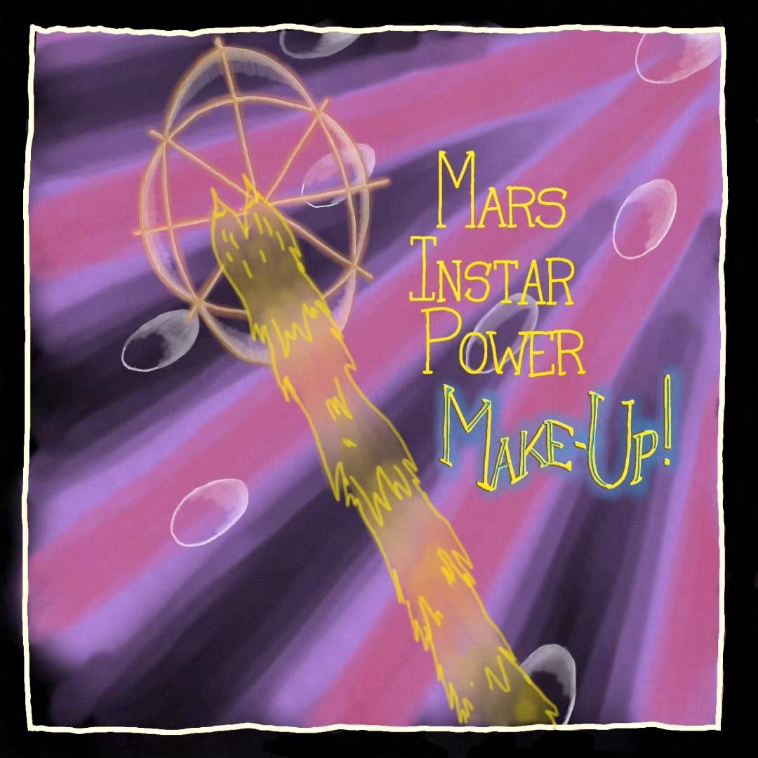 Yellow translucent spider paw held up again shining pink/purple background with the text "Mars Instar Power Make-Up!"