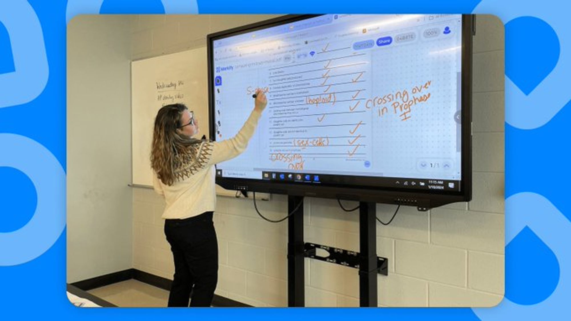 Teacher writes notes on an interactive board, which get streamed to all of the student's devices to see up-close.