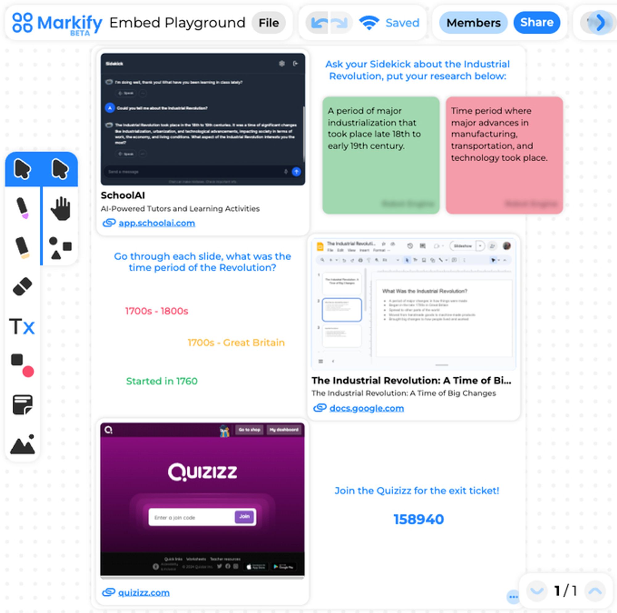 3-Part lesson that embeds SchoolAI, Google Slides, and Quizizz all onto one page in Markify!