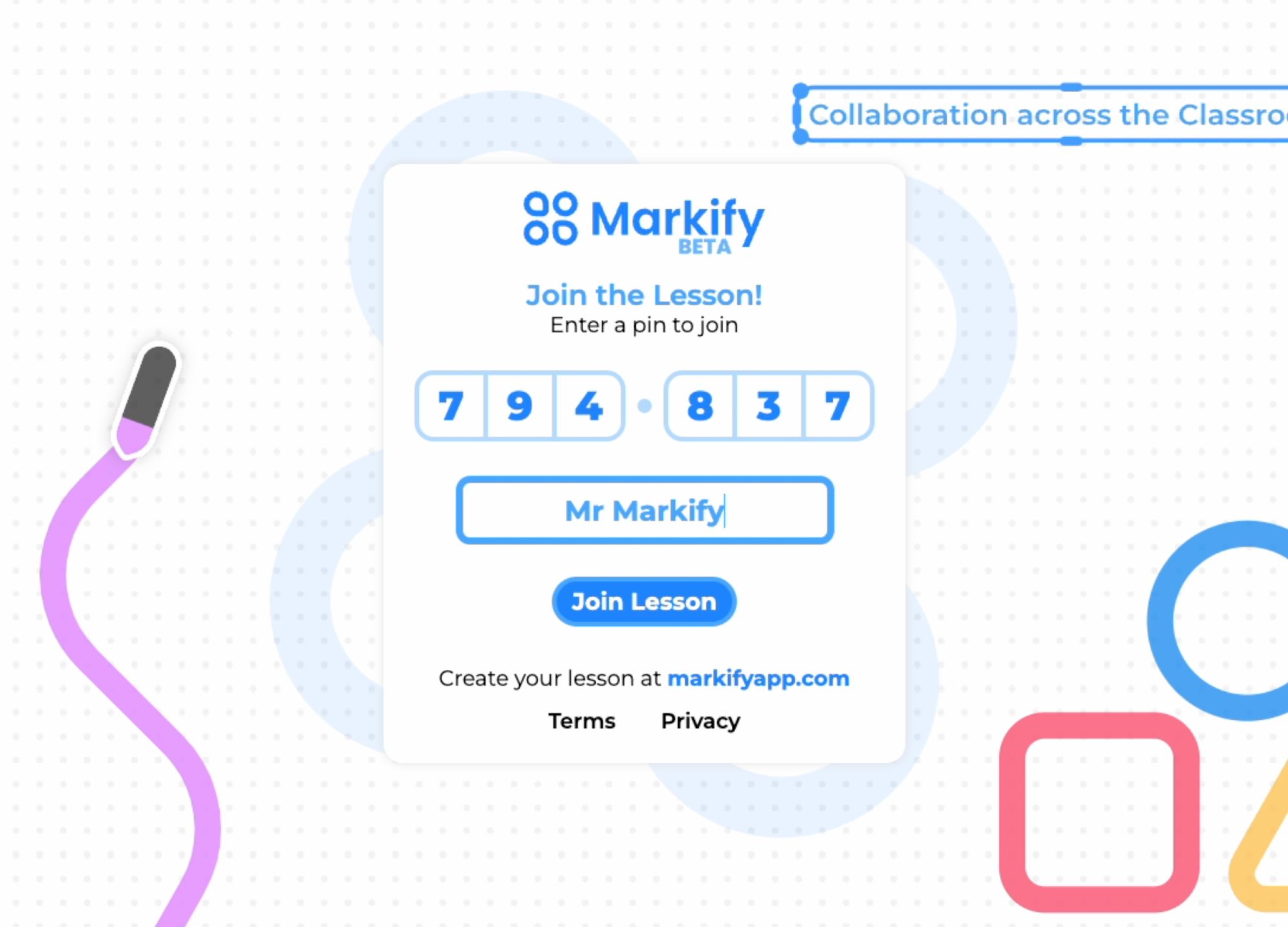 Student joins Markify lesson with pin and nickname, no login required!