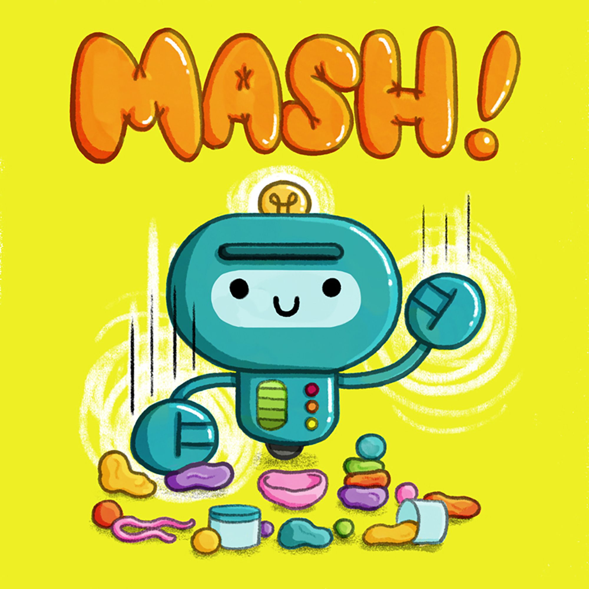 Simple and brightly colored illustration of a blue robot mashing play dough. Text reads MASH! above his head. Art by Gina Perry