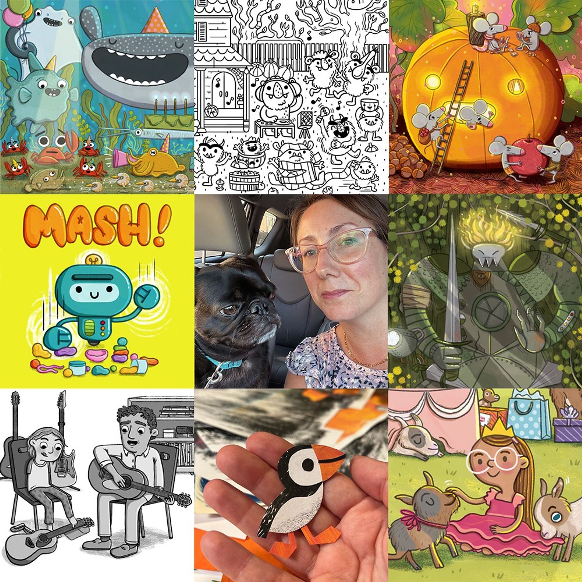 9 images, a mix of photos and illustrations by Gina Perry. Top left to right: Crabby birthday illustration, Hidden Picture Monster party illustration, Mice climbing a pumpkin for a party illustration. Middle left to right: Mash robot illustration, photo of Gina and Hank the pug, Robot in a forest with a flaming head. Bottom left to right: B&W illustration of Aven Green playing guitar with an instructor, hand holding a collage puffin, illustration of a goat birthday party.