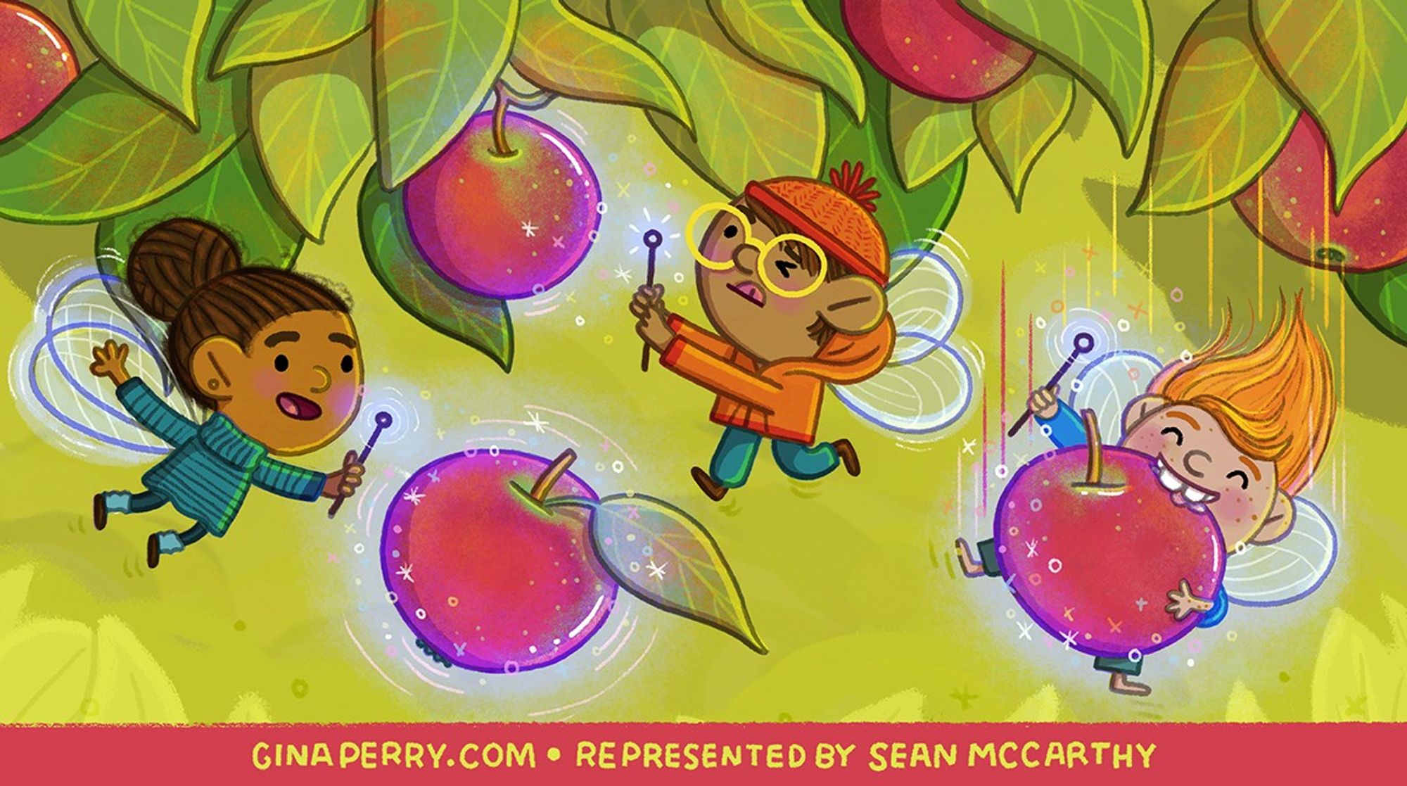 Three little fairies are picking apples using magic. Illustration by Gina Perry