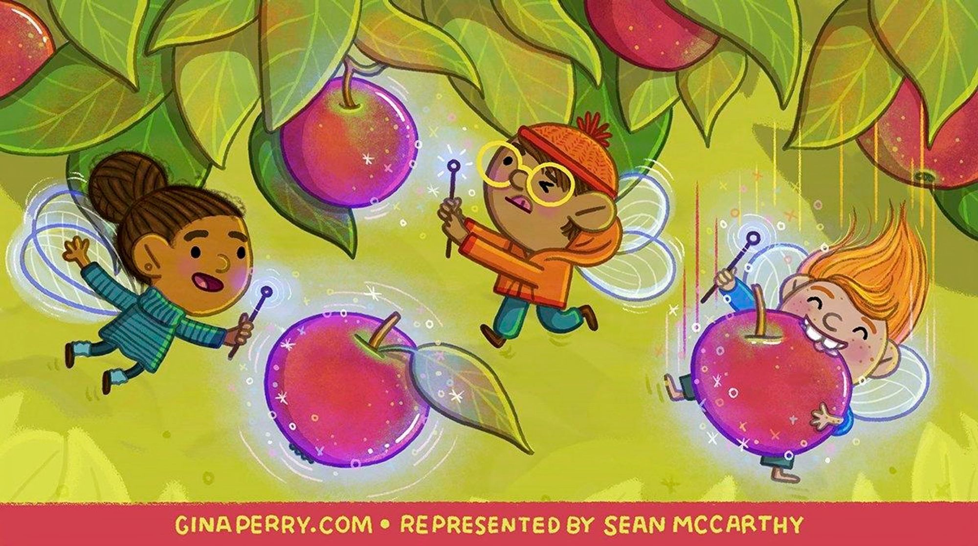 Colorful illustration of three little fairies using magic to pick apples from trees. Text reads: ginaperry.com / Represented by Sean McCarthy