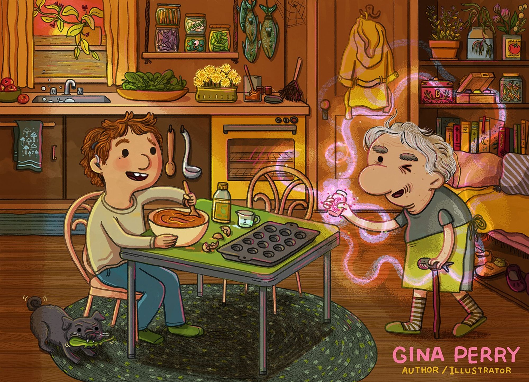 Illustrated interior scene. A witchy lady, boy, and black pug are baking muffins. She's bringing a jar of magic to him. Ocean and setting sun is visible out the window. Art by Gina Perry