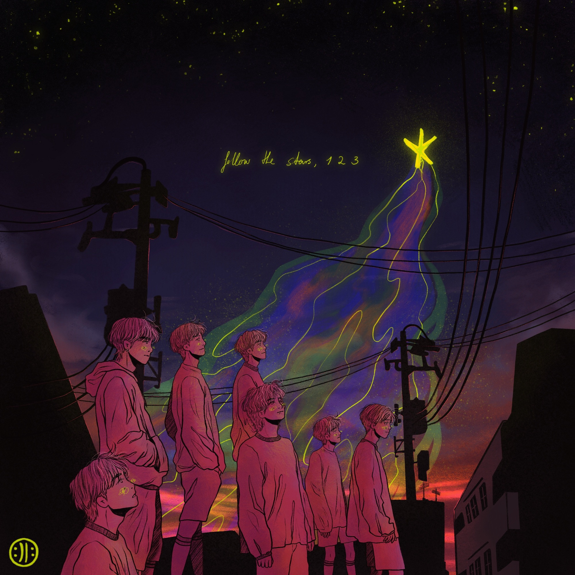 fully dark pink colored bts members standing in front of a dark lit street with purple and pink sky, looking up at a star in the sky that throws polar lights over them. in the upper middle is written "follow the stars 1 2 3" (lyric piece of their song 'the planet')