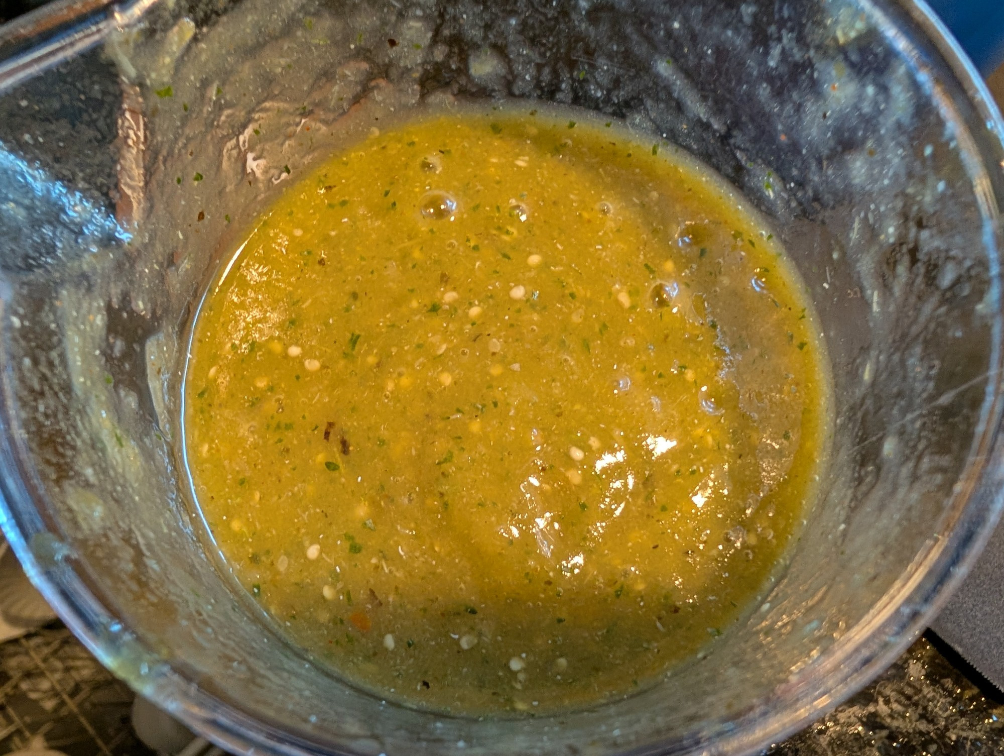 Salsa Verde with tomatillos, yellow onion, garlic, and Asian shallots all roasted in the air fryer. All of that was blended with lime juice, cilantro and jalapeno from the garden, ground cumin and coriander, salt, Mexican, Pasilla and Guajillo chili powders, Mexican oregano, and granulated garlic. Joy.