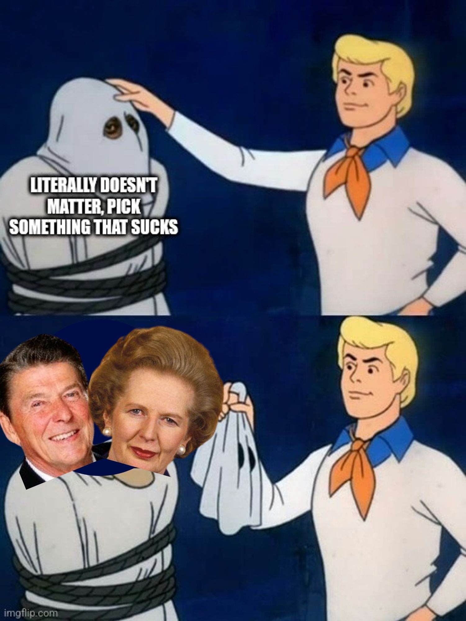 Fred from Scooby Doo pulls off the mask and it's Reagan and Thatcher