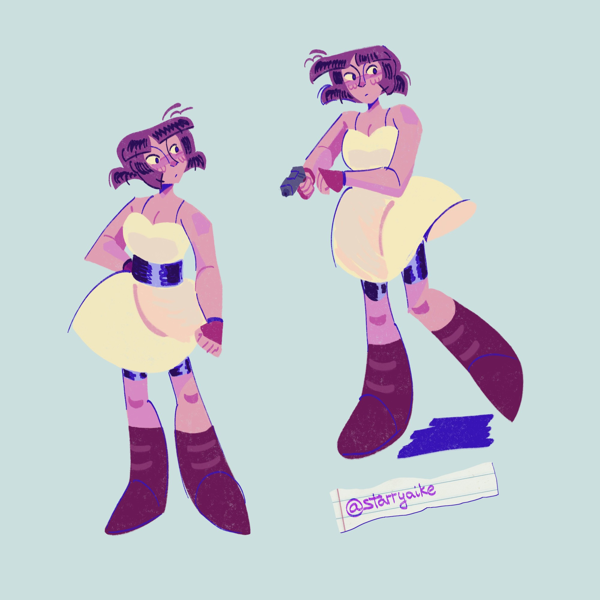 Two full-body drawings of the character Mara Forest. In one she's standing with a hand at her hip and in the other she's holding a gun.