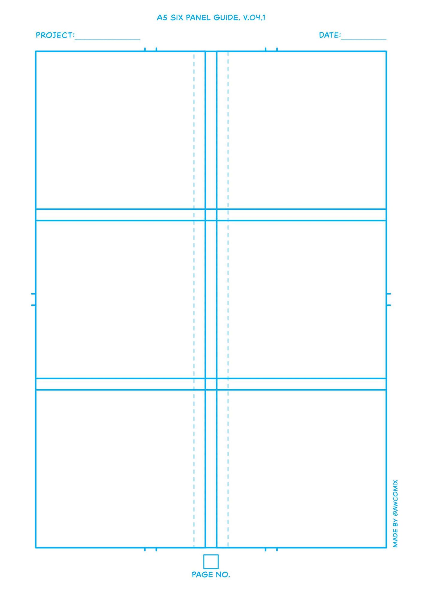 A Comic panel template made up of six panels with bluelines and with room for project name and date.