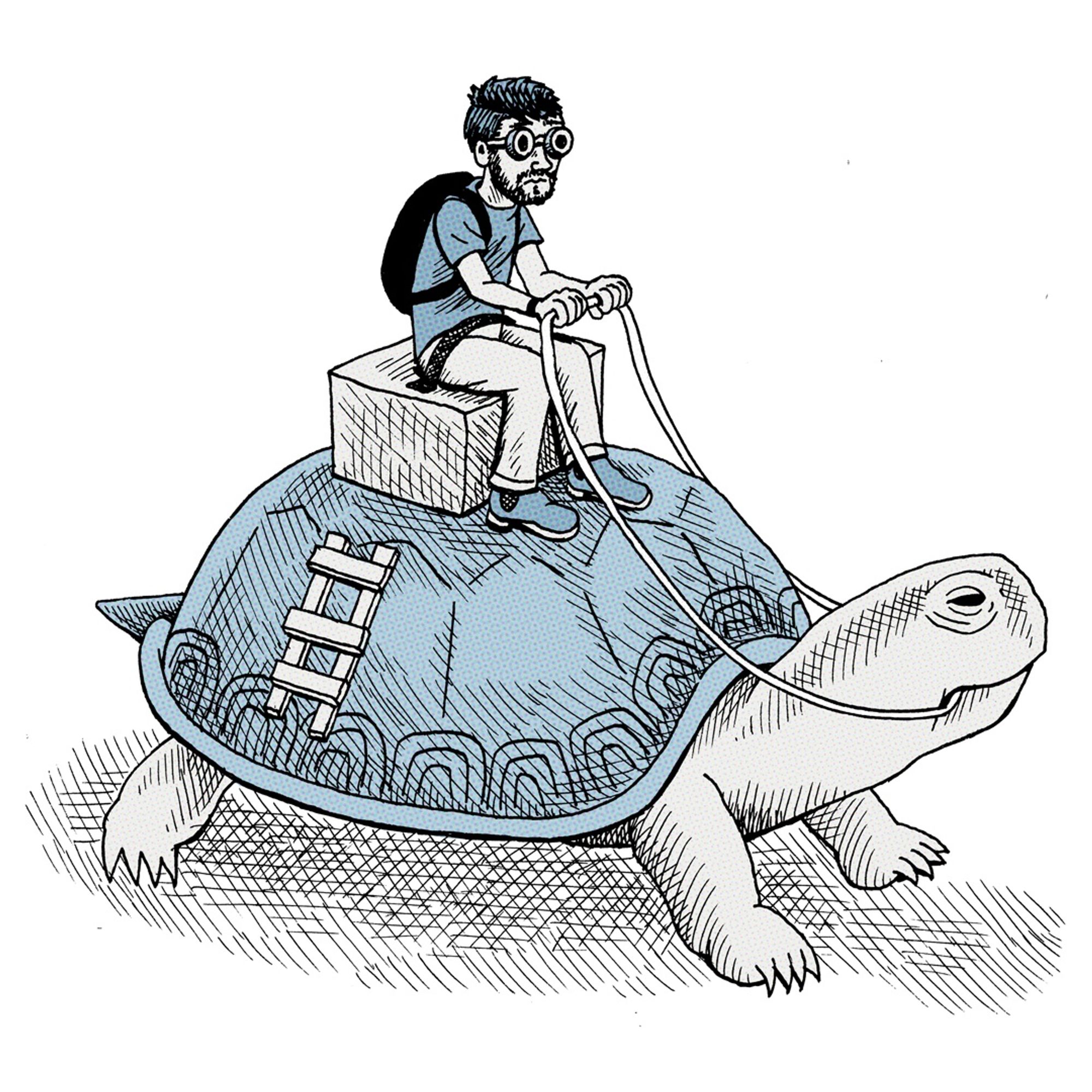 Comic art style drawing in grey and blue tones. The author is wearing Googles and riding a turtle.