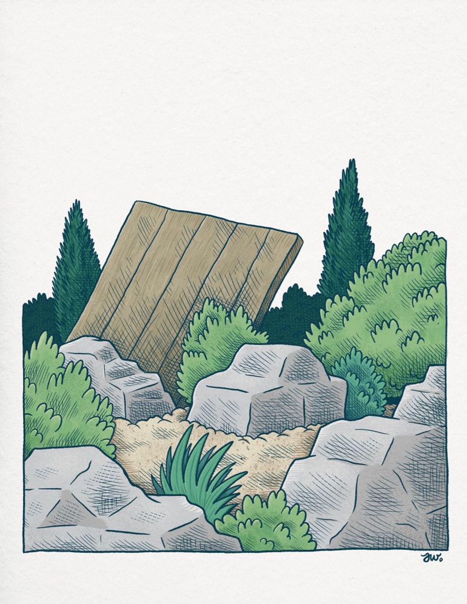 Atomic art style landscape type drawing that includes rocks, bushes and trees and a wooden board sticking out. The colour has a lot of texture and cross hatching.