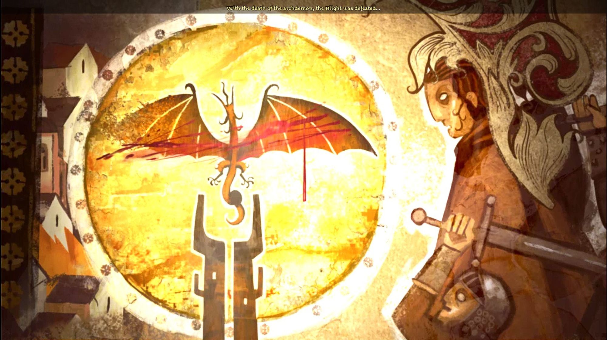 screenshot of Dragon Age: Awakening, one of the illustrated intro slides depicting the archdemon over Fort Drakon and a Dalish archer(??) and Fereldan soldier on the right side. (I'm going to choose to believe it's my Warden idk). Spoken narration reads: "With the death of the archdemon, the Blight was defeated..."