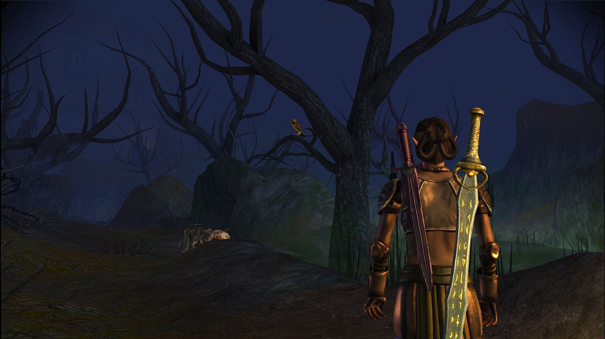 screenshot of Dragon Age: Awakening, intro cutscene to the Blackmarsh locale. it is a very spooky haunted marsh. there's a deer(?) corpse on the path ahead, and an owl sitting in one of the bare-limbed trees as the Warden & party enter the area