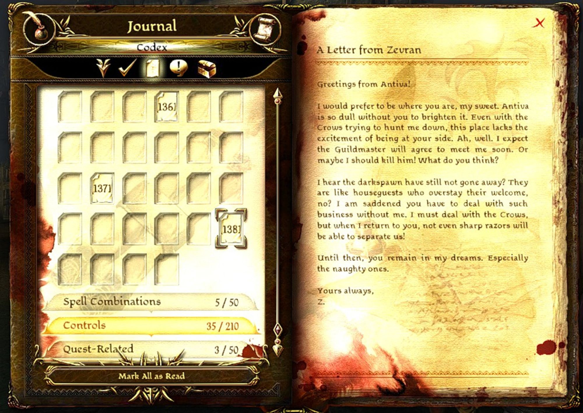 screenshot of the in-game codex entry: A Letter from Zevran